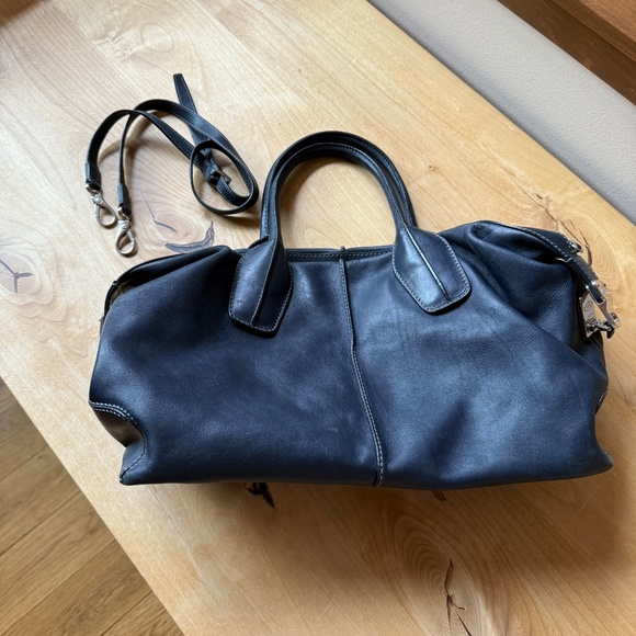 TODS D-STYLING 2WAY HANDBAG BLUE LEATHER TOTE CROSSBODY STRAP DBL ROLLED HANDLES - Picture 3 of 11